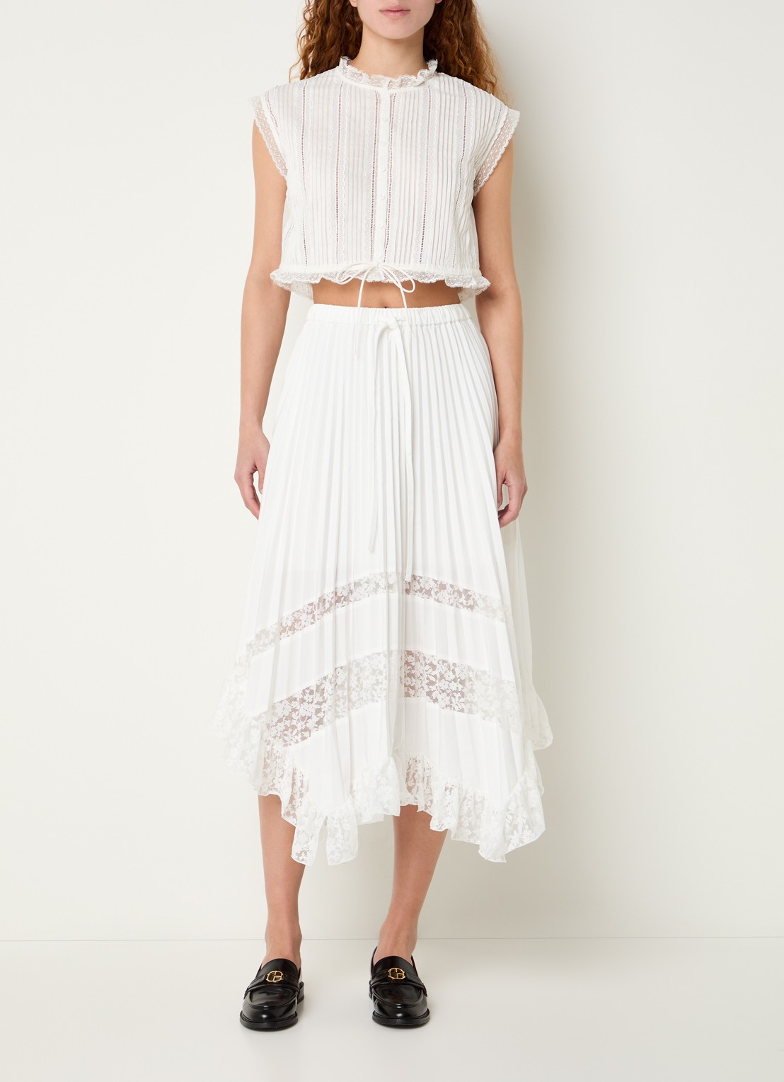 Claudie Pierlot Midi rok met broderie en plooien - voorkant 4 gebroken wit