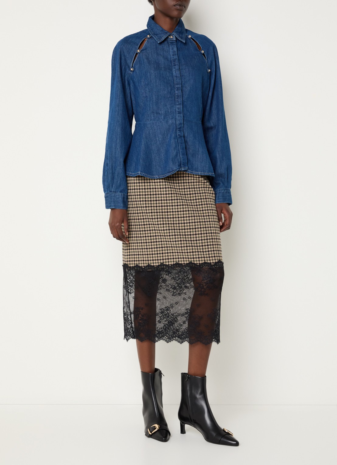 Claudie Pierlot Midi rok met details van kant - voorkant 2 camel