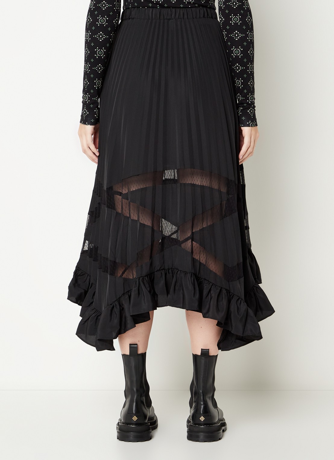 Claudie Pierlot Midi rok met plissé en volant - achterkant zwart