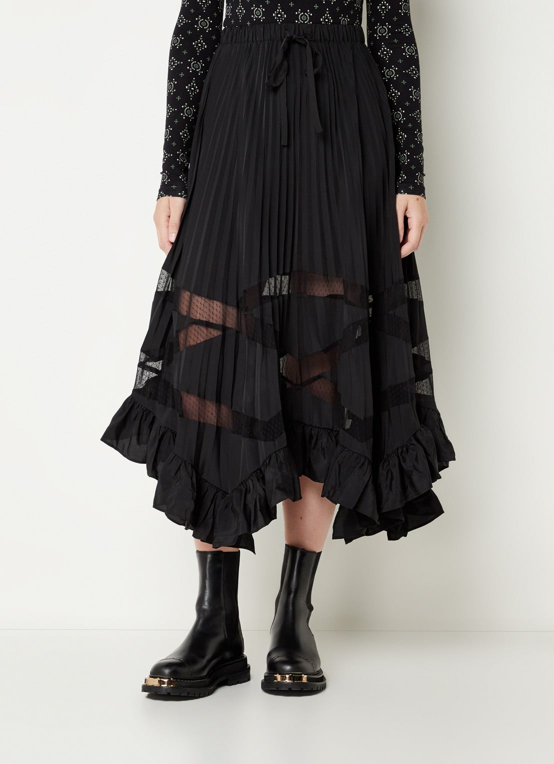 Claudie Pierlot Midi rok met plissé en volant - detail 2 zwart