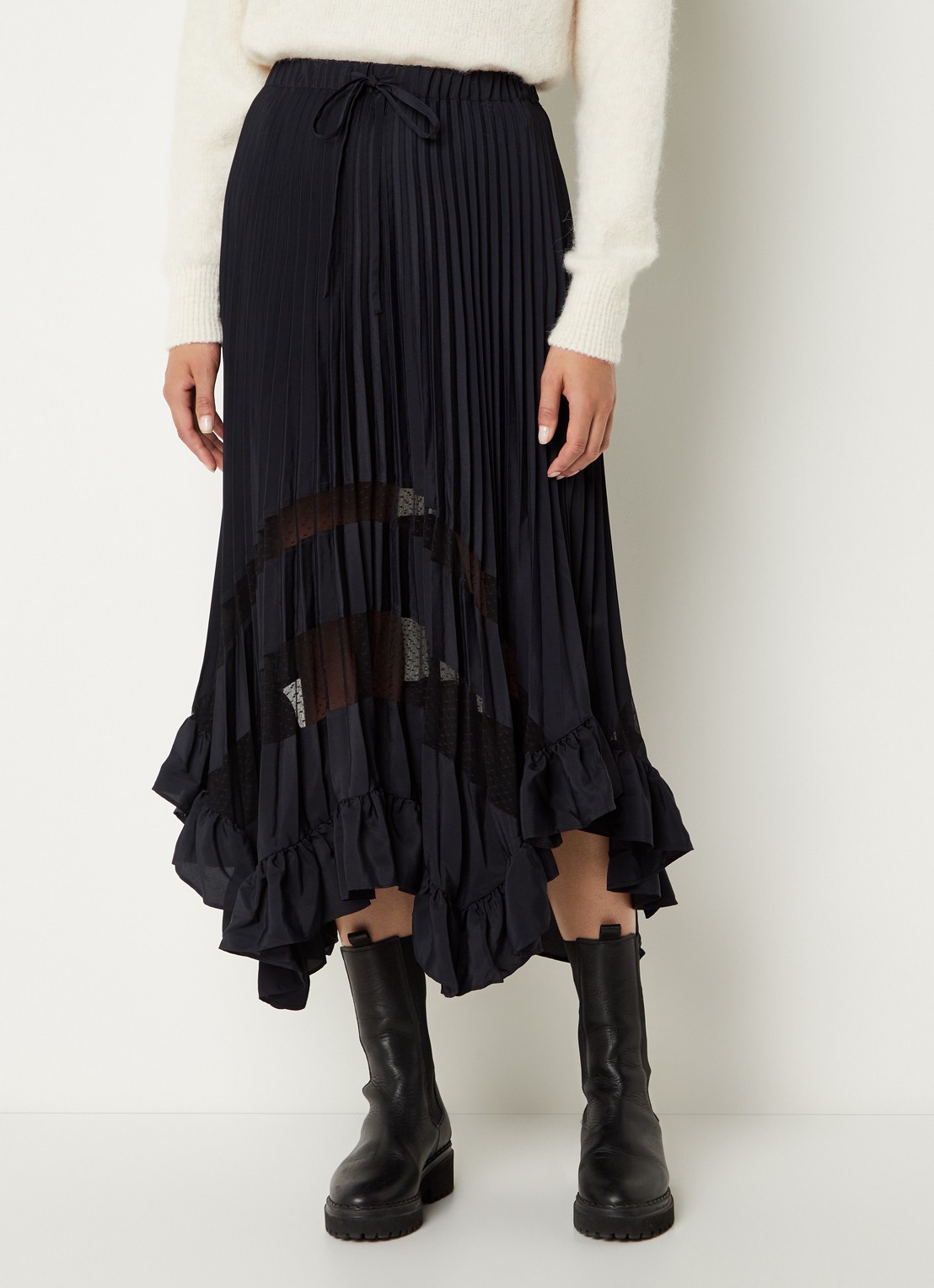 Claudie Pierlot Midi rok met plissé en volant - detail 3 donkerblauw