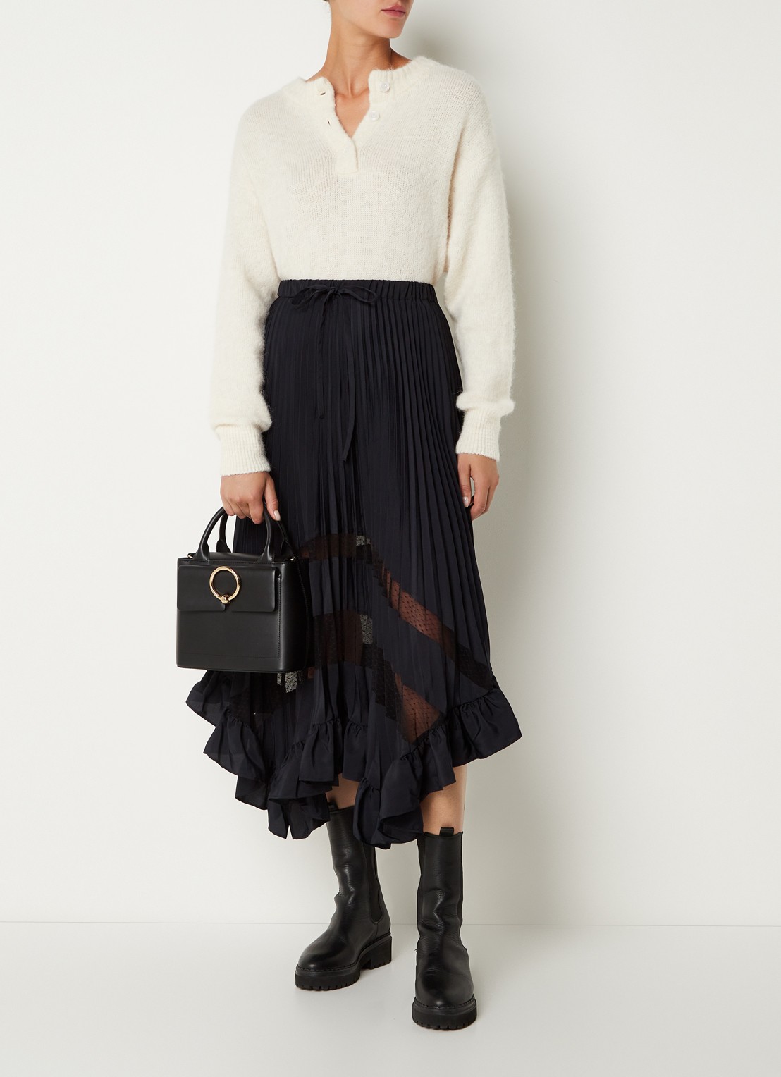 Claudie Pierlot Midi rok met plissé en volant - voorkant 2 donkerblauw