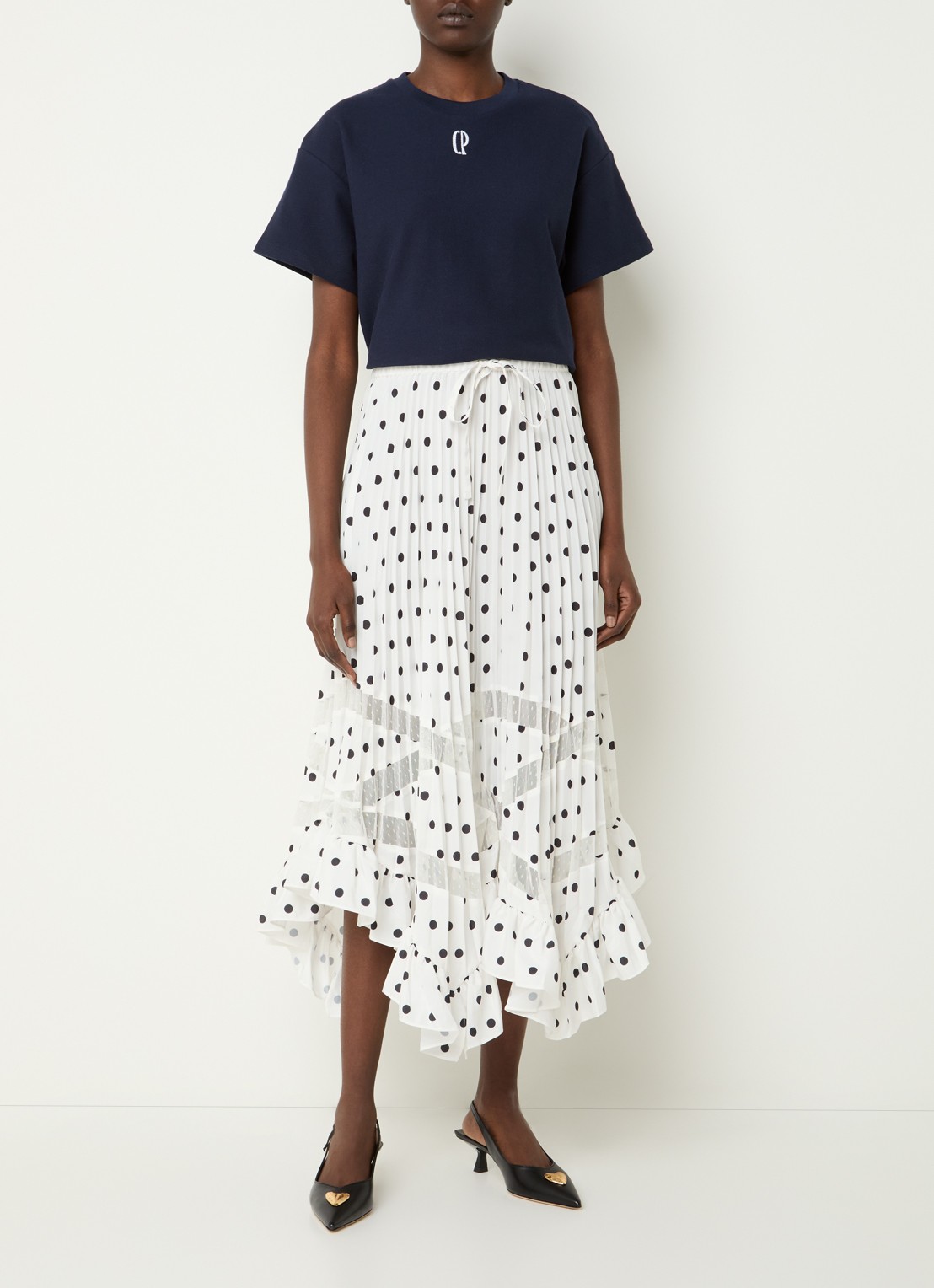 Claudie Pierlot Midi rok met stippenprint en plissé  - voorkant 2 gebroken wit