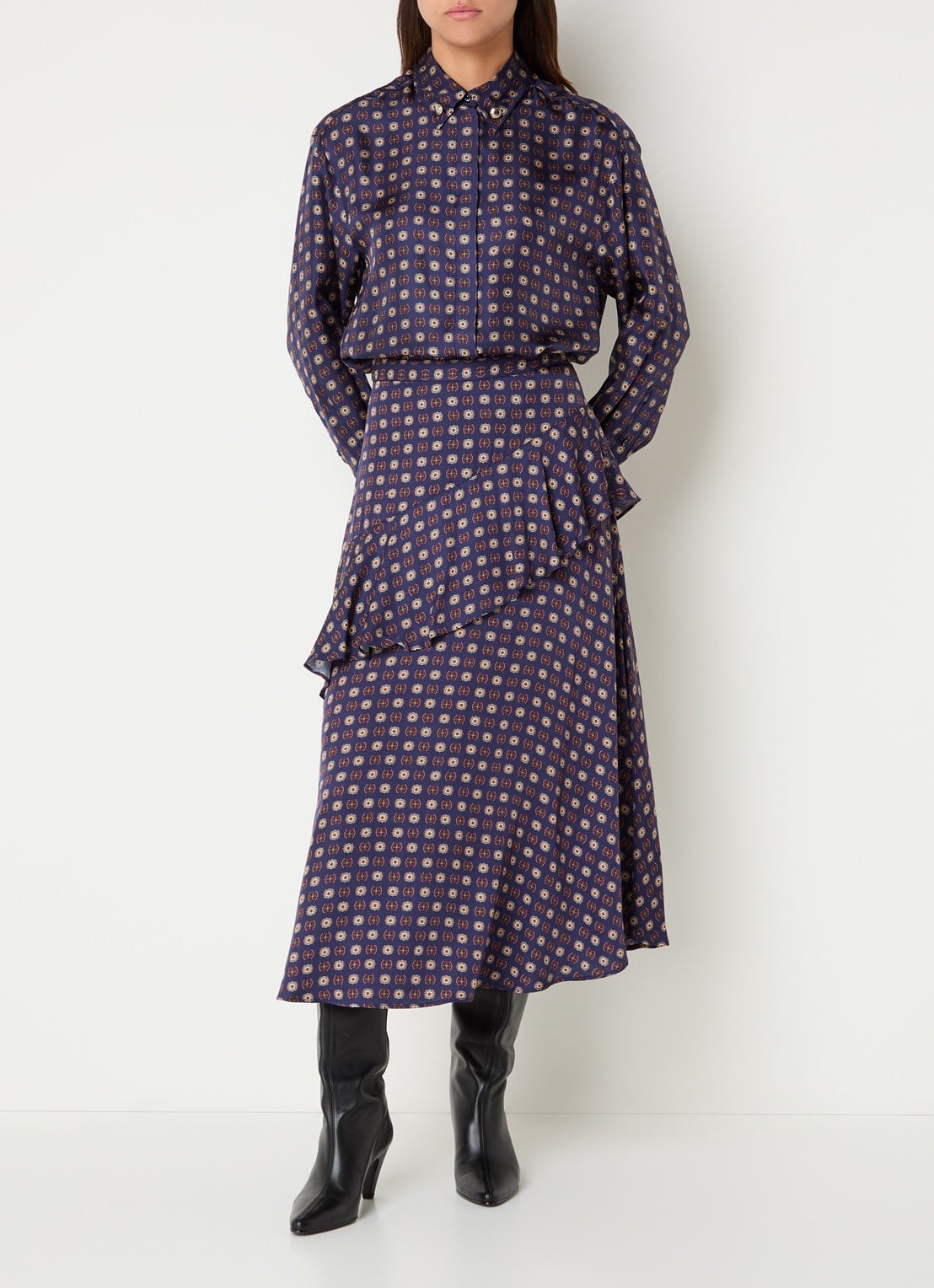Claudie Pierlot Midi rok met volant en print - voorkant 3 donkerblauw