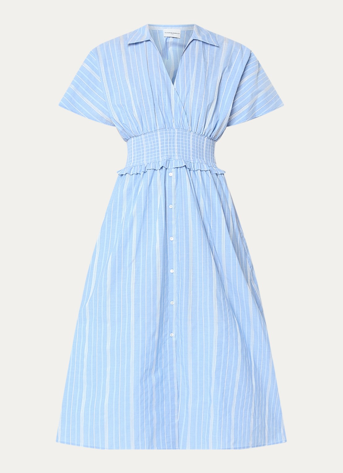 Claudie Pierlot Midi tuniekjurk met streepprint en smockwerk - voorkant 3 lichtblauw