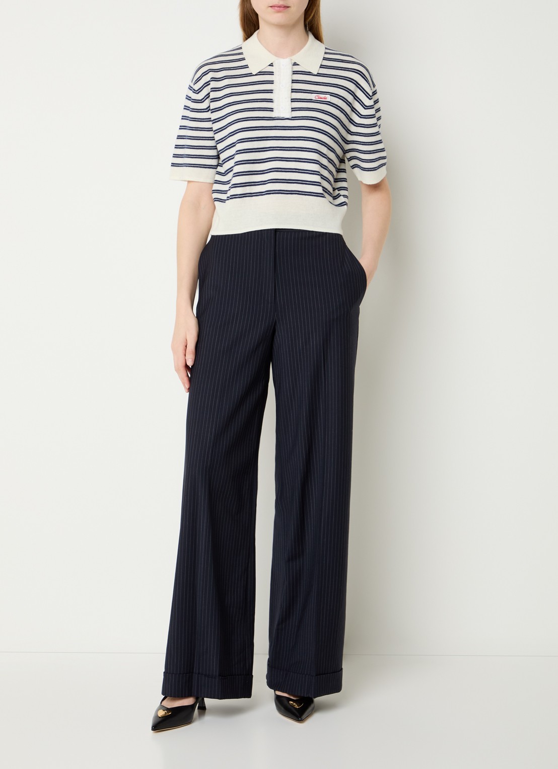 Claudie Pierlot Millys fijngebreide polo van wol met streepprint - voorkant 3 gebroken wit