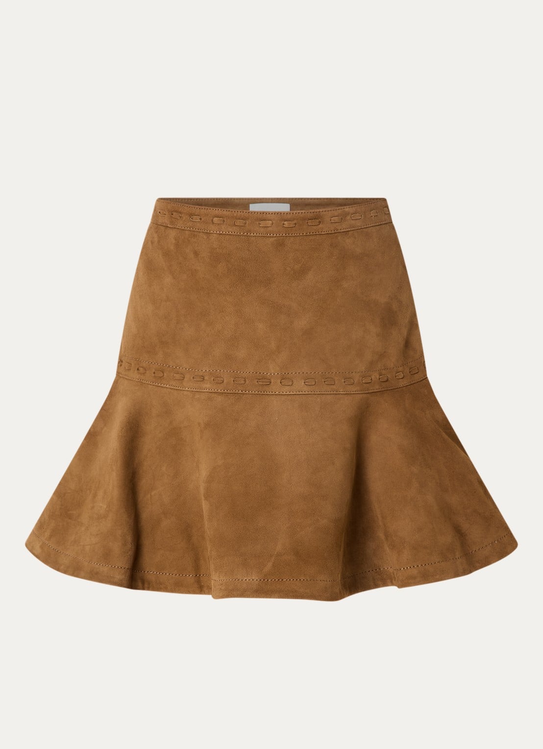 Claudie Pierlot Mini A-lijn rok van geitensuède - voorkant camel