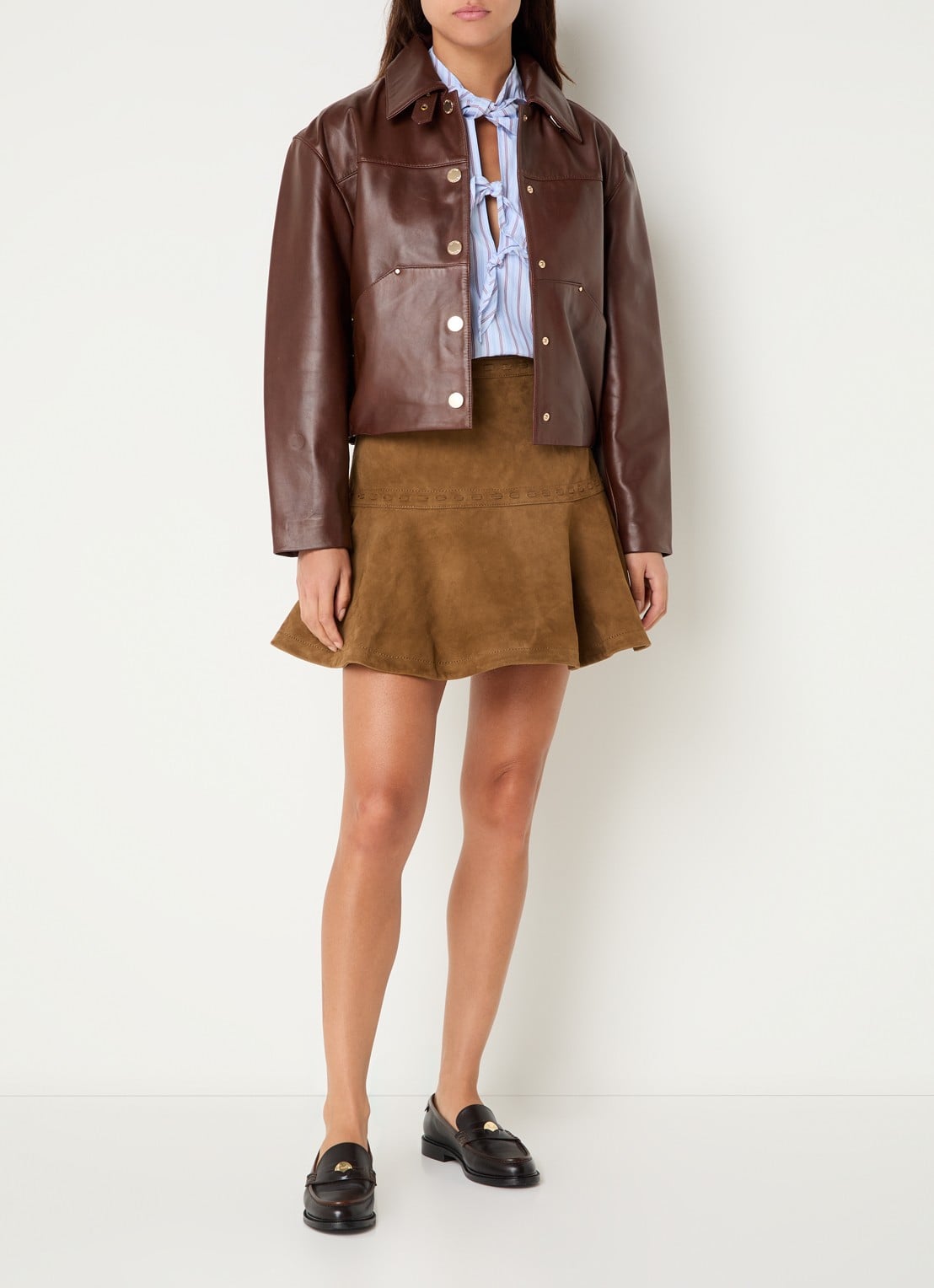 Claudie Pierlot Mini A-lijn rok van geitensuède - voorkant 2 camel
