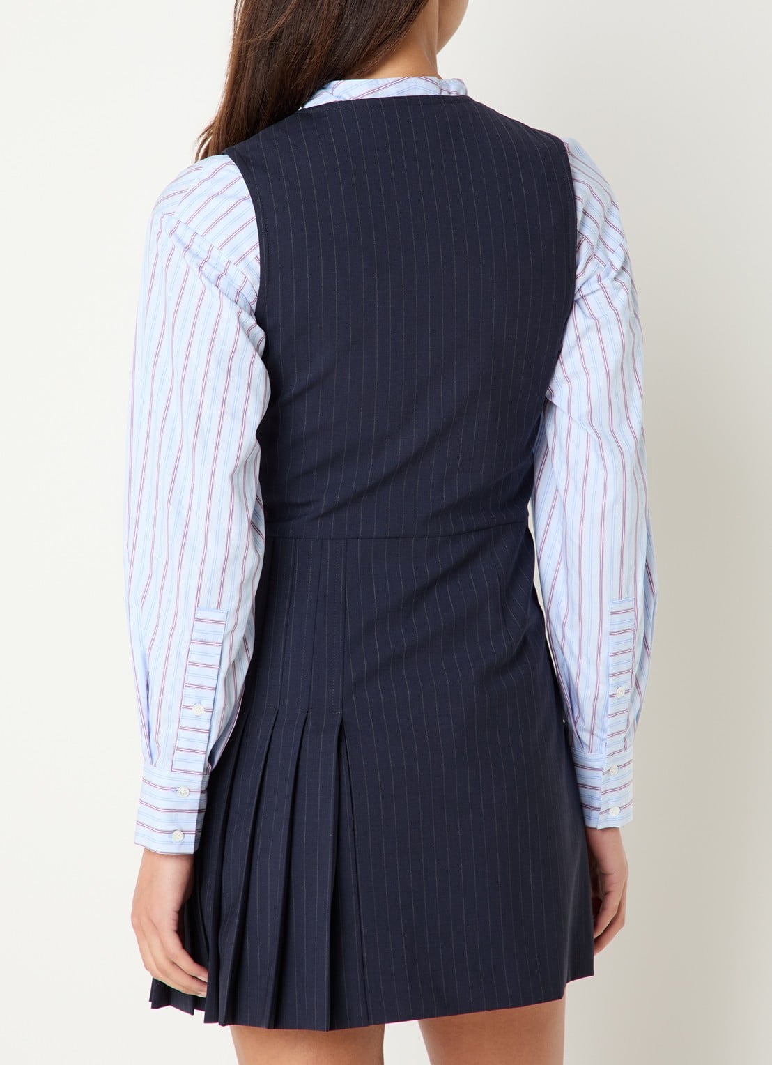 Claudie Pierlot Mini blazerjurk in wolblend met plooien en krijtstreep - achterkant 2 donkerblauw