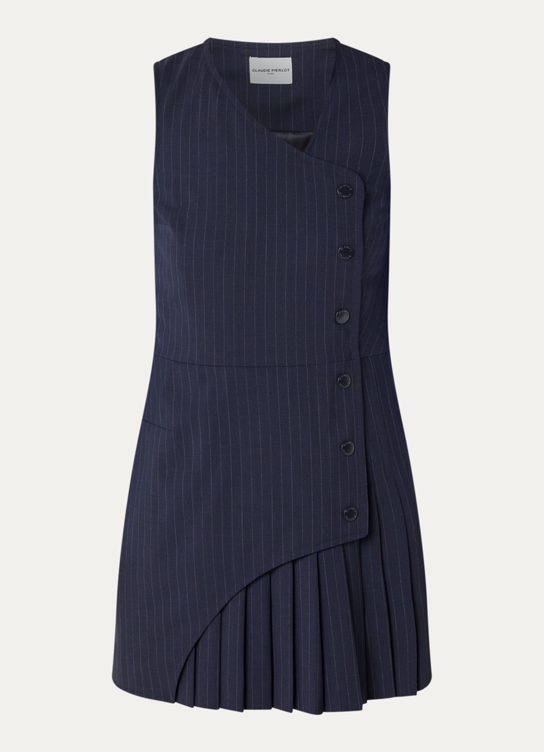 Claudie Pierlot Mini blazerjurk in wolblend met plooien en krijtstreep - voorkant 3 donkerblauw