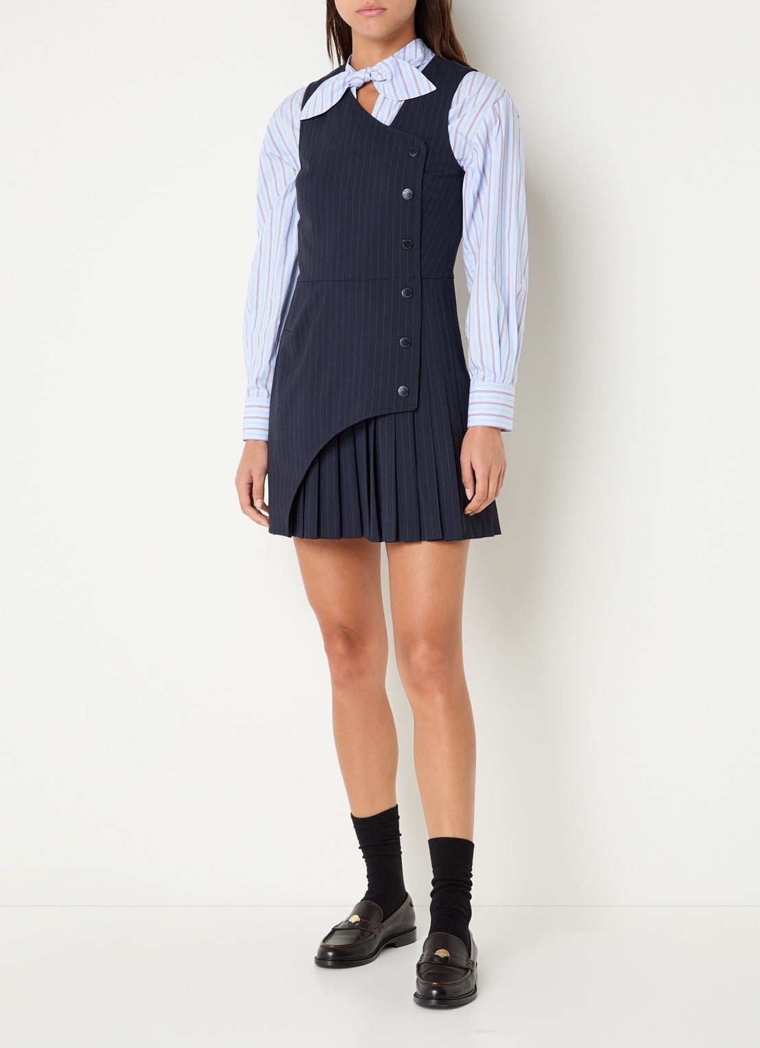 Claudie Pierlot Mini blazerjurk in wolblend met plooien en krijtstreep - voorkant 4 donkerblauw