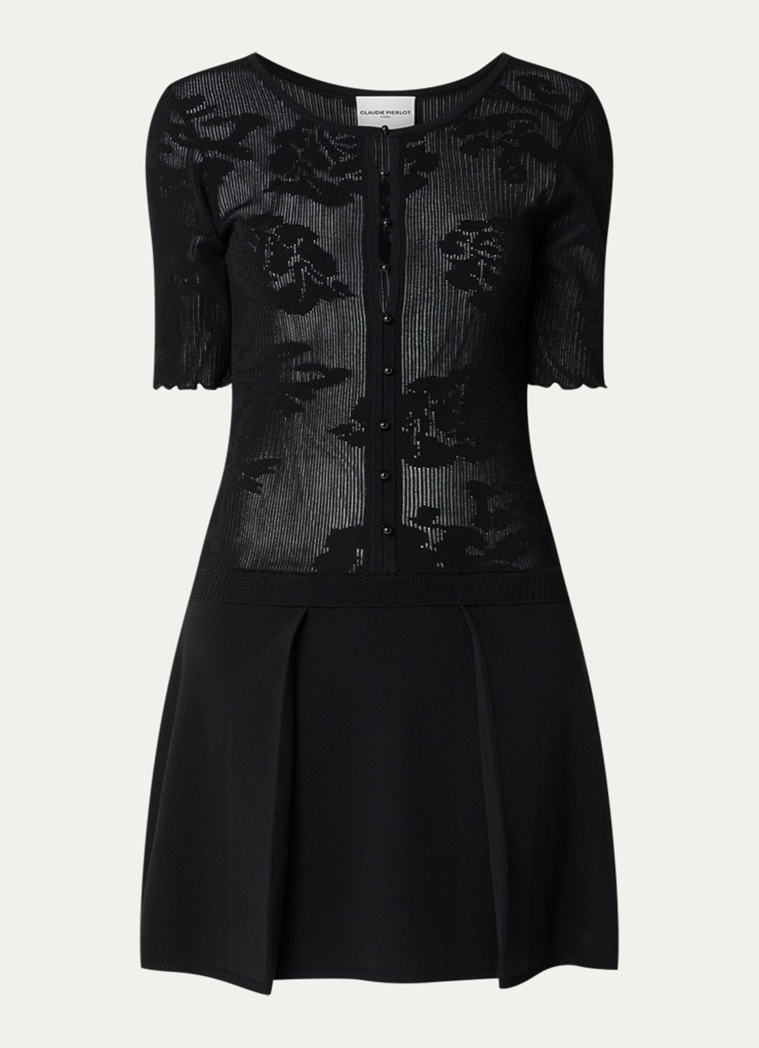 Claudie Pierlot Mini fijngebreide blousejurk met bloemenprint - voorkant zwart