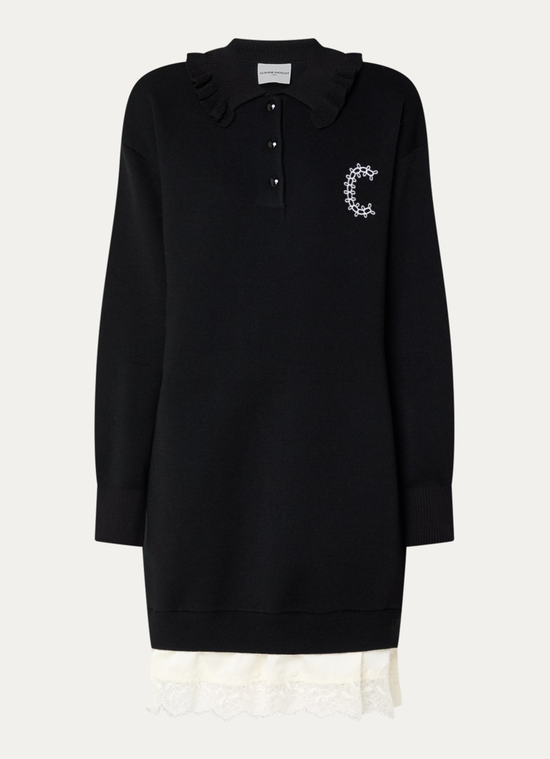 Claudie Pierlot Mini jurk in wolblend met details van kant - voorkant 2 zwart