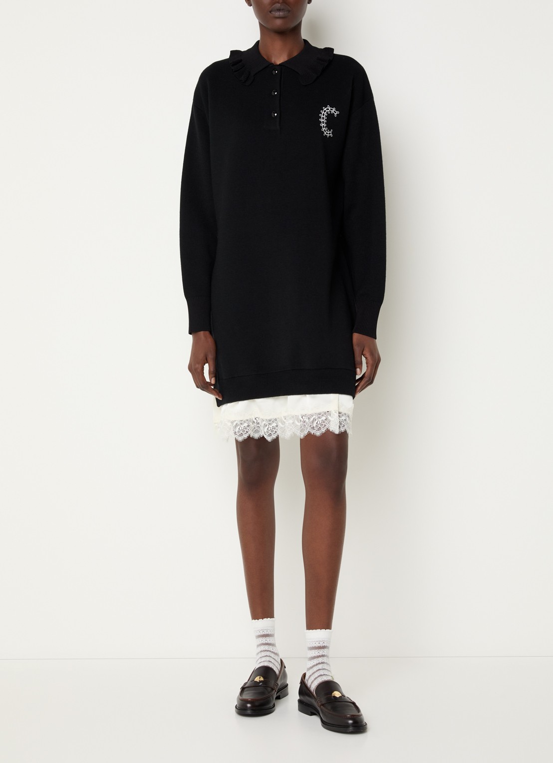 Claudie Pierlot Mini jurk in wolblend met details van kant - voorkant 3 zwart