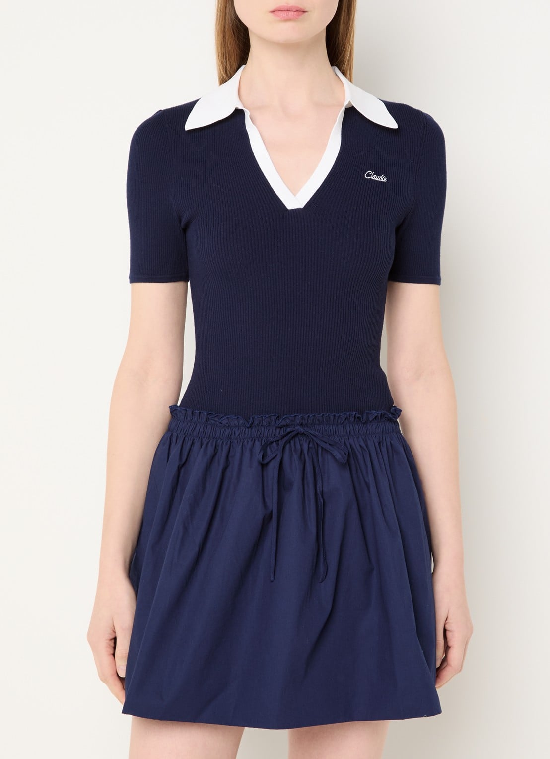 Claudie Pierlot Mini jurk met logo en V-hals - detail 4 donkerblauw