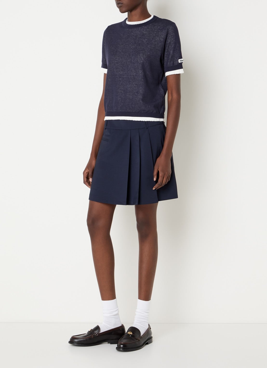 Claudie Pierlot Mini plooirok in wolblend met paspelzak - voorkant 4 donkerblauw