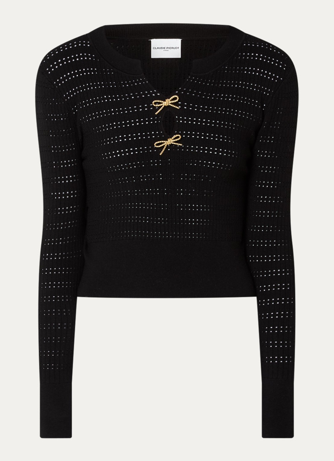 Claudie Pierlot Minivelle fijngebreide crop top met opengewerkt dessin - voorkant 2 zwart