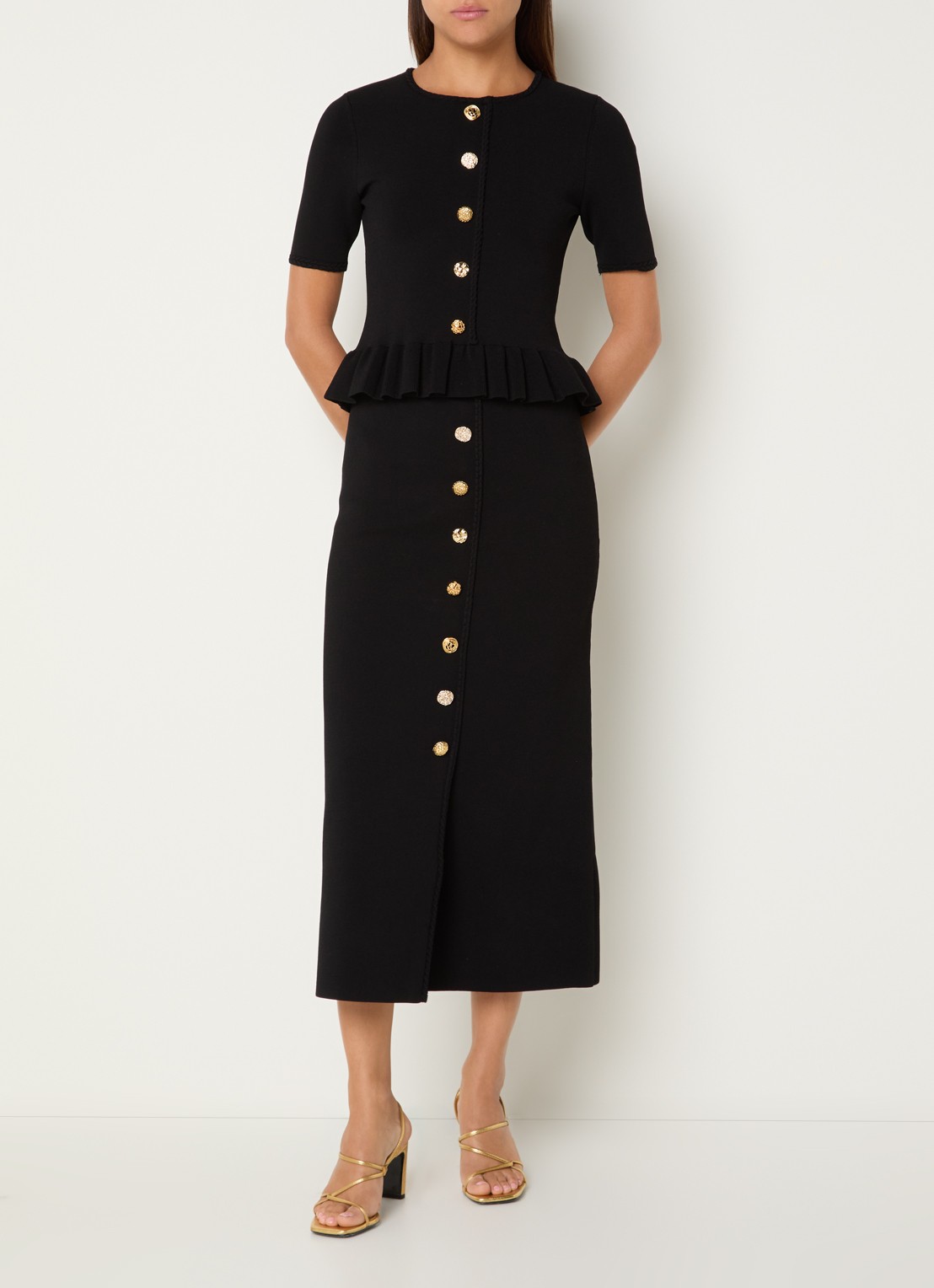 Claudie Pierlot Monarque fijngebreide midi rok met sierknopen - voorkant 2 zwart