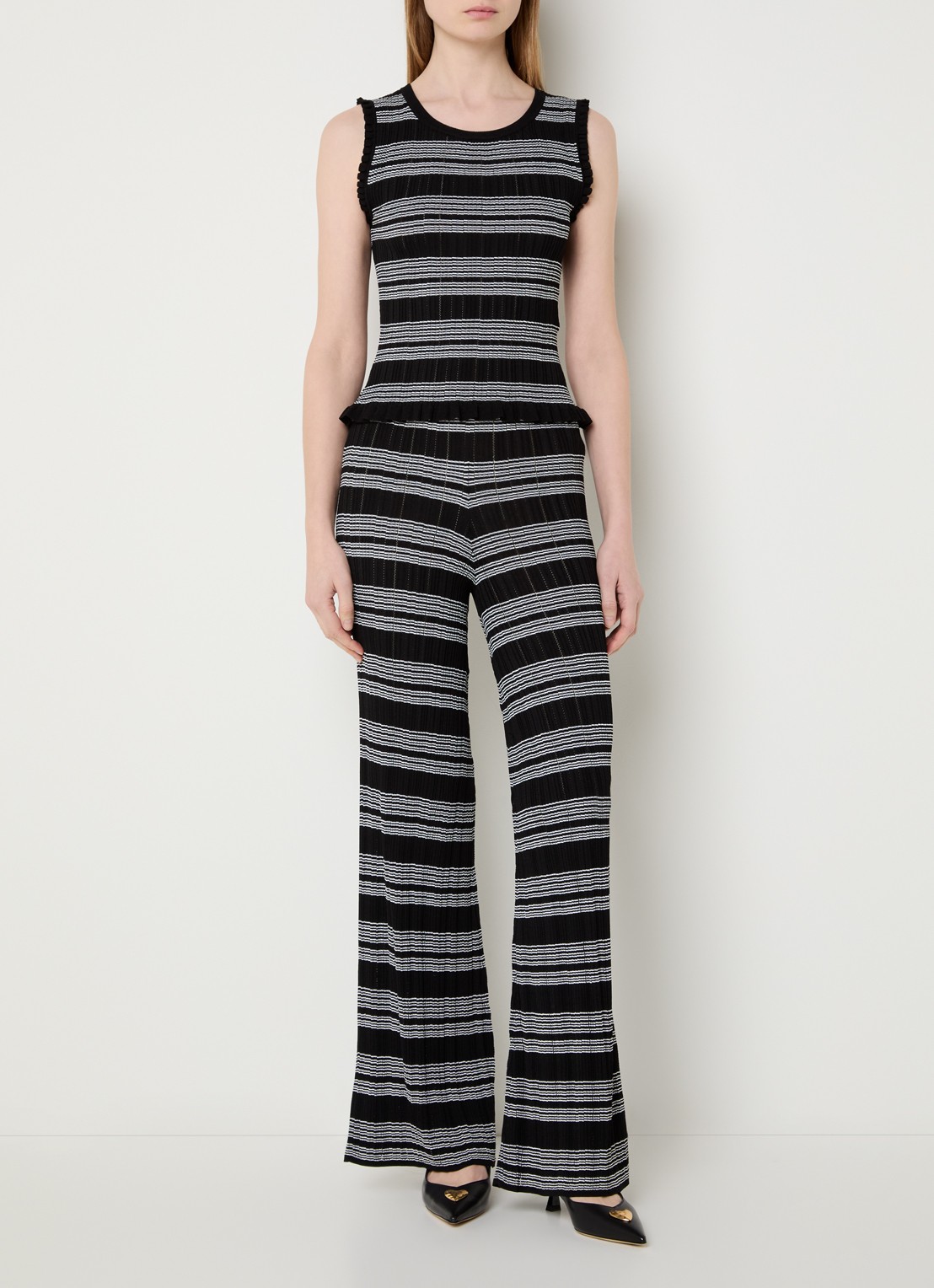 Claudie Pierlot Monpanta high waist flared broek met streepprint - voorkant 3 zwart