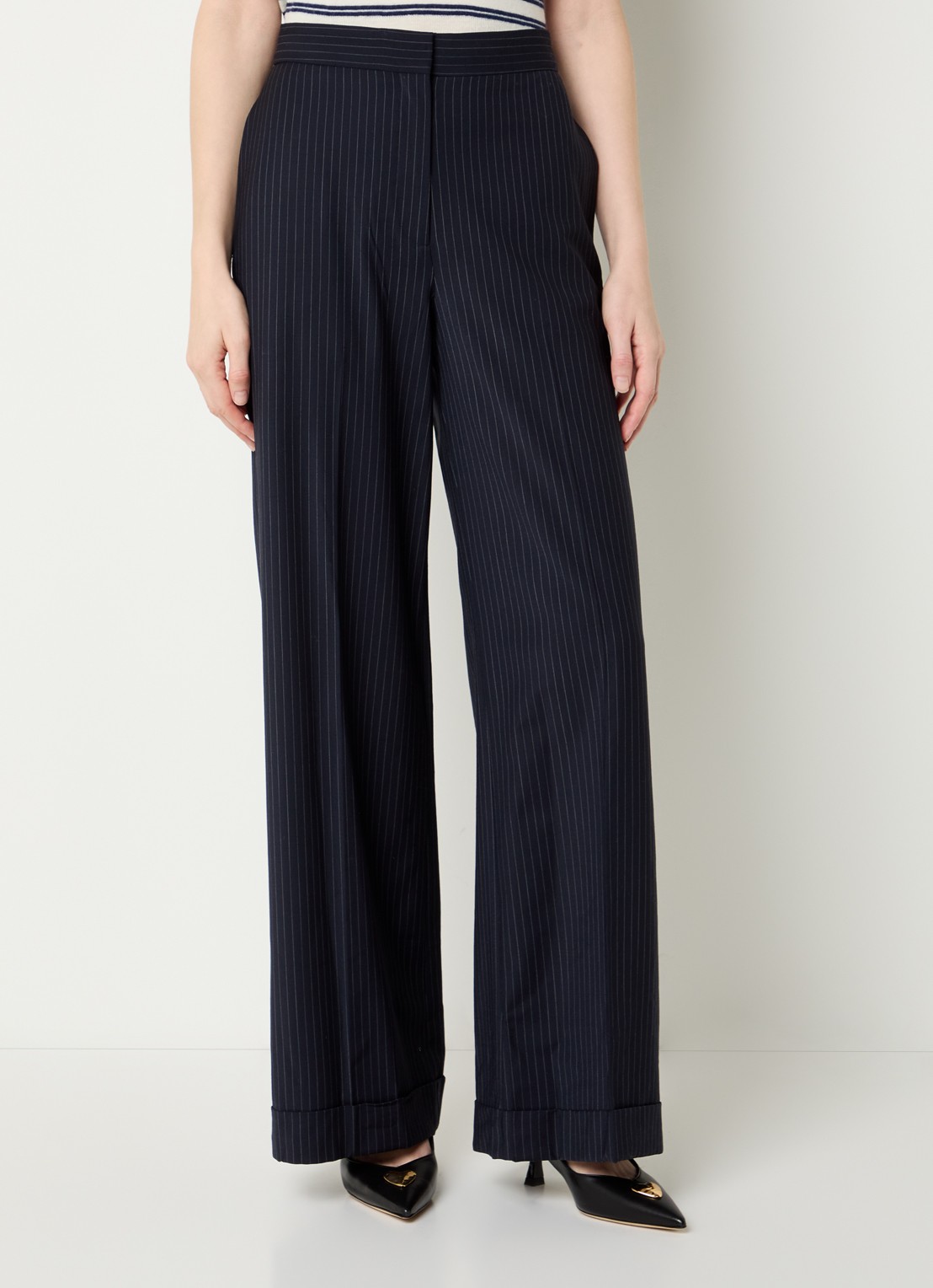 Claudie Pierlot Pacome high waist loose fit pantalon met streepprint - detail 4 donkerblauw