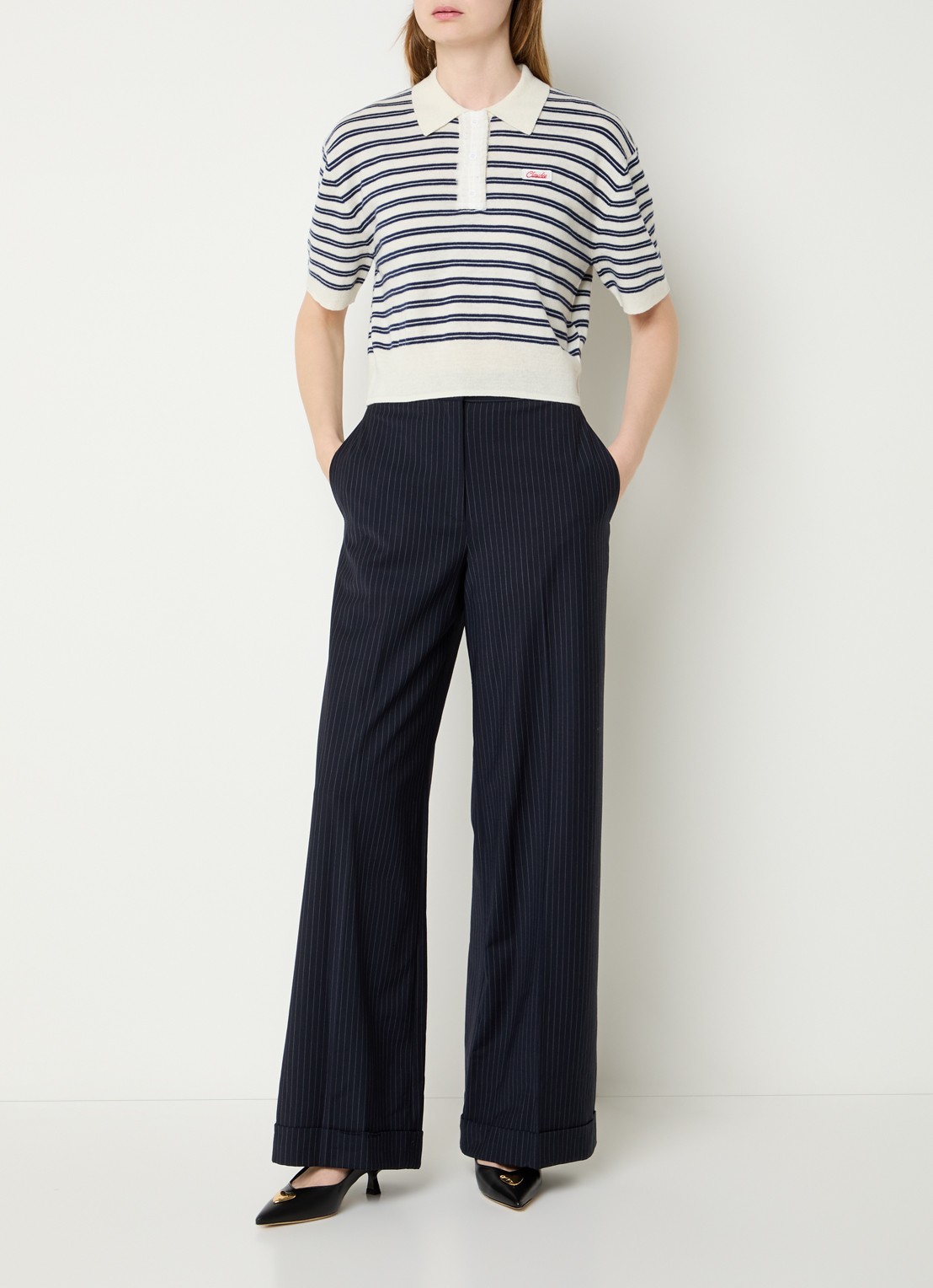 Claudie Pierlot Pacome high waist loose fit pantalon met streepprint - voorkant 3 donkerblauw
