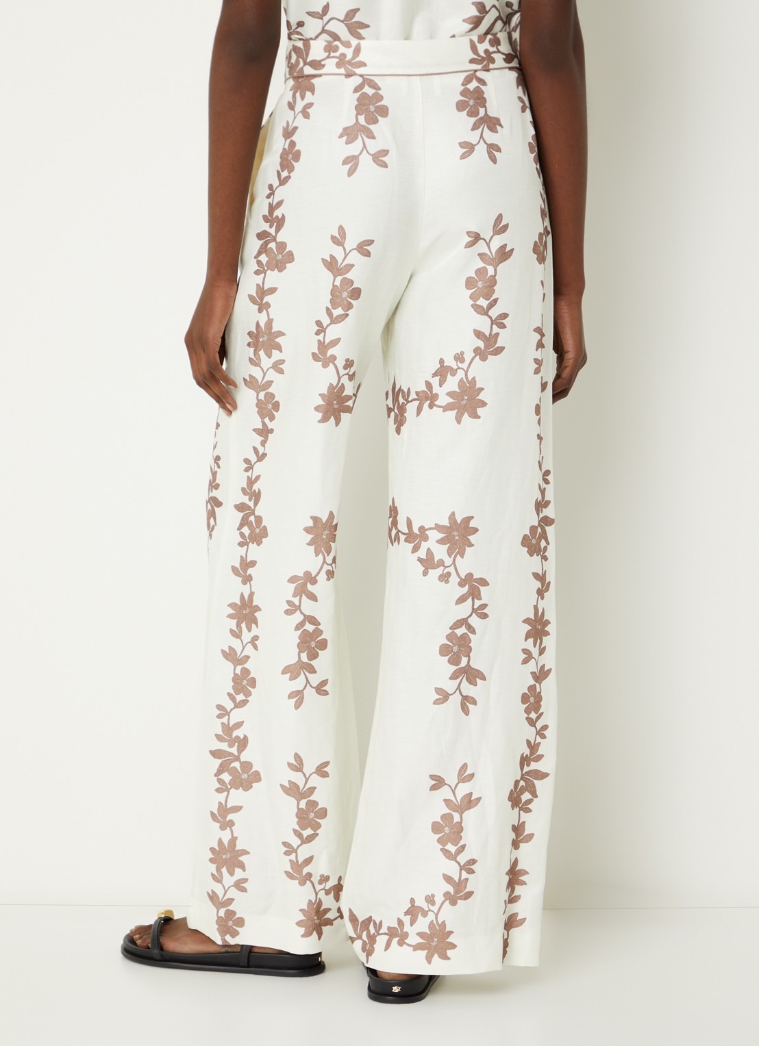 Claudie Pierlot Paulafleur high waist wide fit pantalon in linnenblend met bloemenprint - achterkant bruin