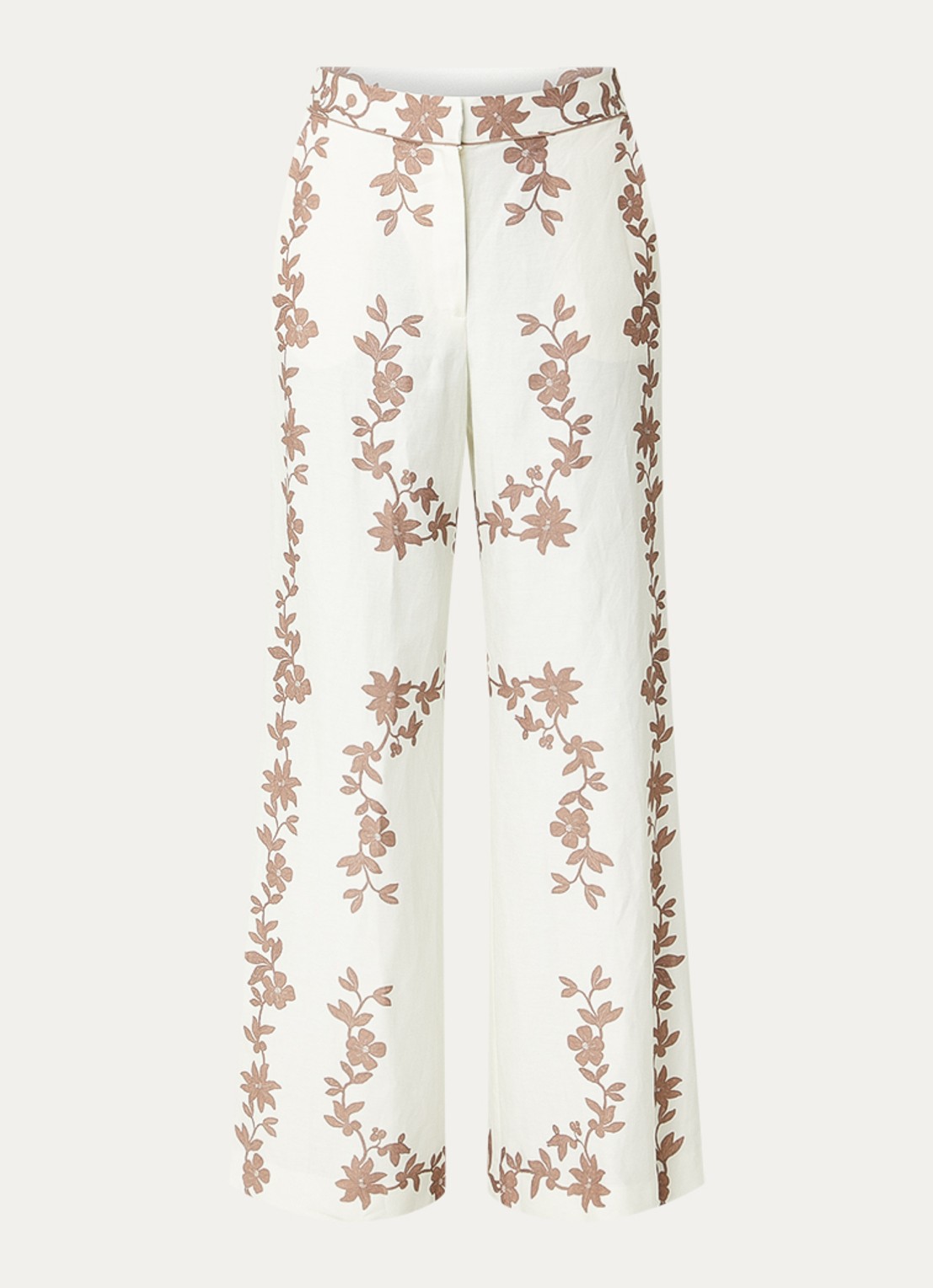 Claudie Pierlot Paulafleur high waist wide fit pantalon in linnenblend met bloemenprint - voorkant 2 bruin