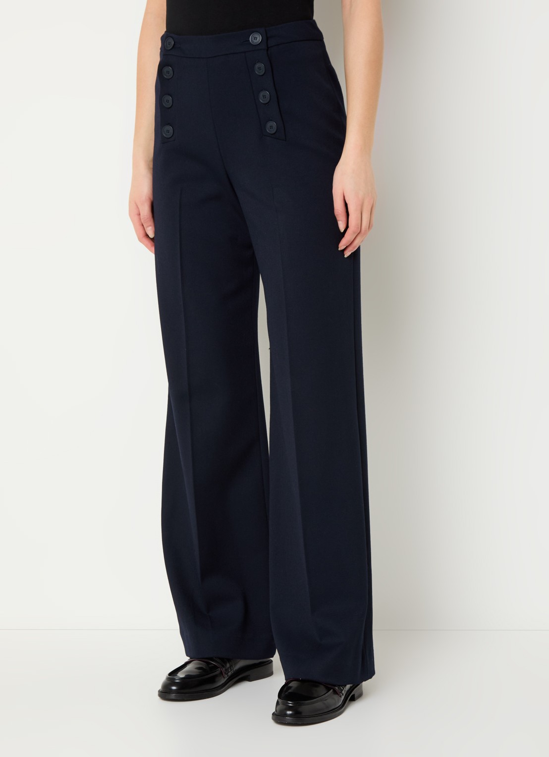 Claudie Pierlot Paulie high waist wide fit pantalon met persplooi - detail donkerblauw