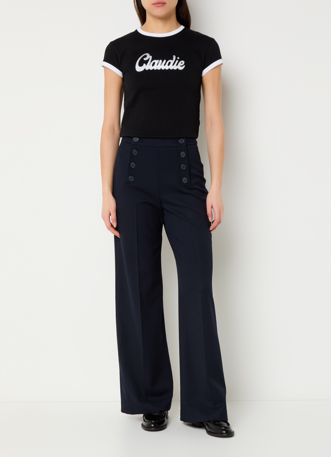 Claudie Pierlot Paulie high waist wide fit pantalon met persplooi - voorkant 4 donkerblauw
