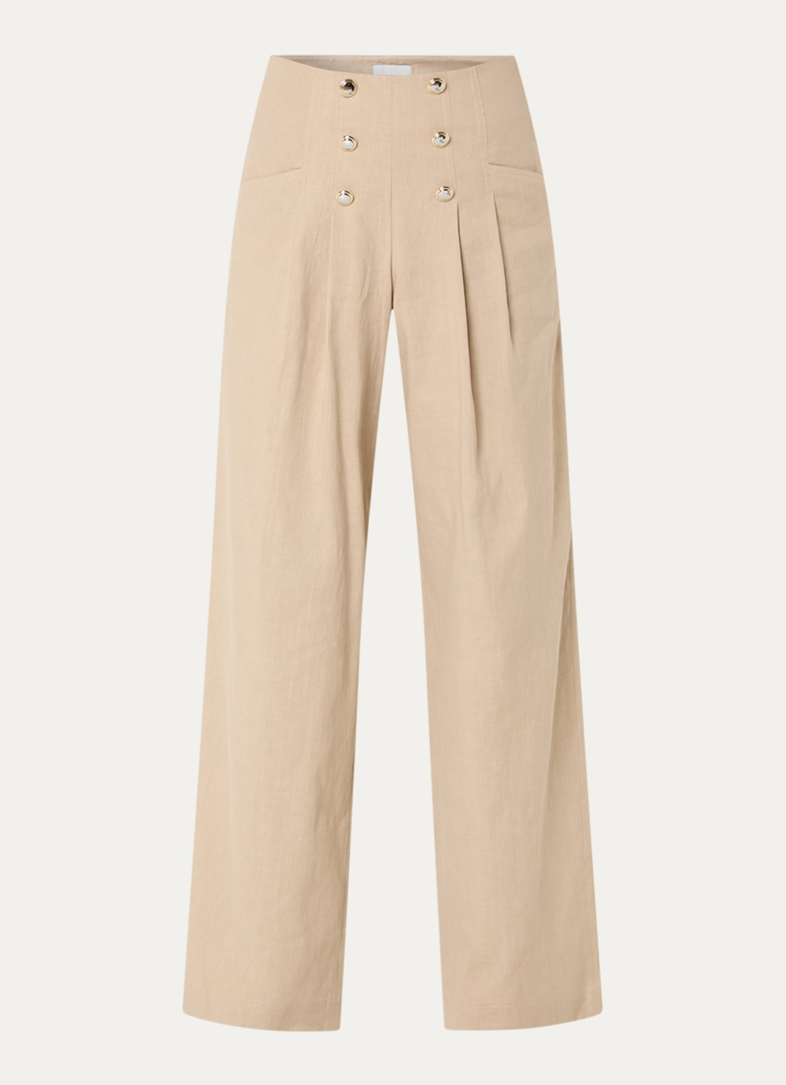 Claudie Pierlot Paulin high waist wide fit pantalon in linnenblend met sierknopen - voorkant 2 beige