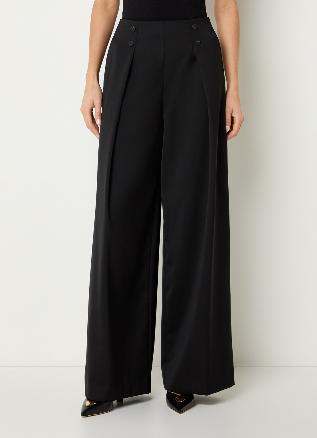 Claudie Pierlot Pelia high waist wide fit pantalon met steekzakken - detail zwart