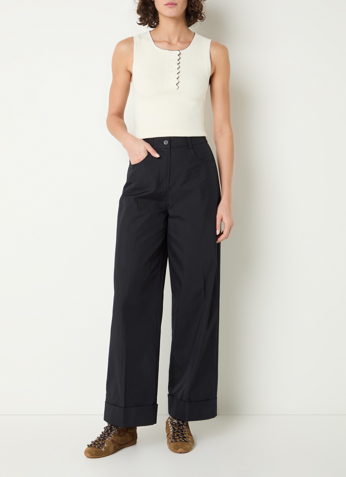 Claudie Pierlot Piano high waist loose fit pantalon met steekzakken - voorkant 3 blauw