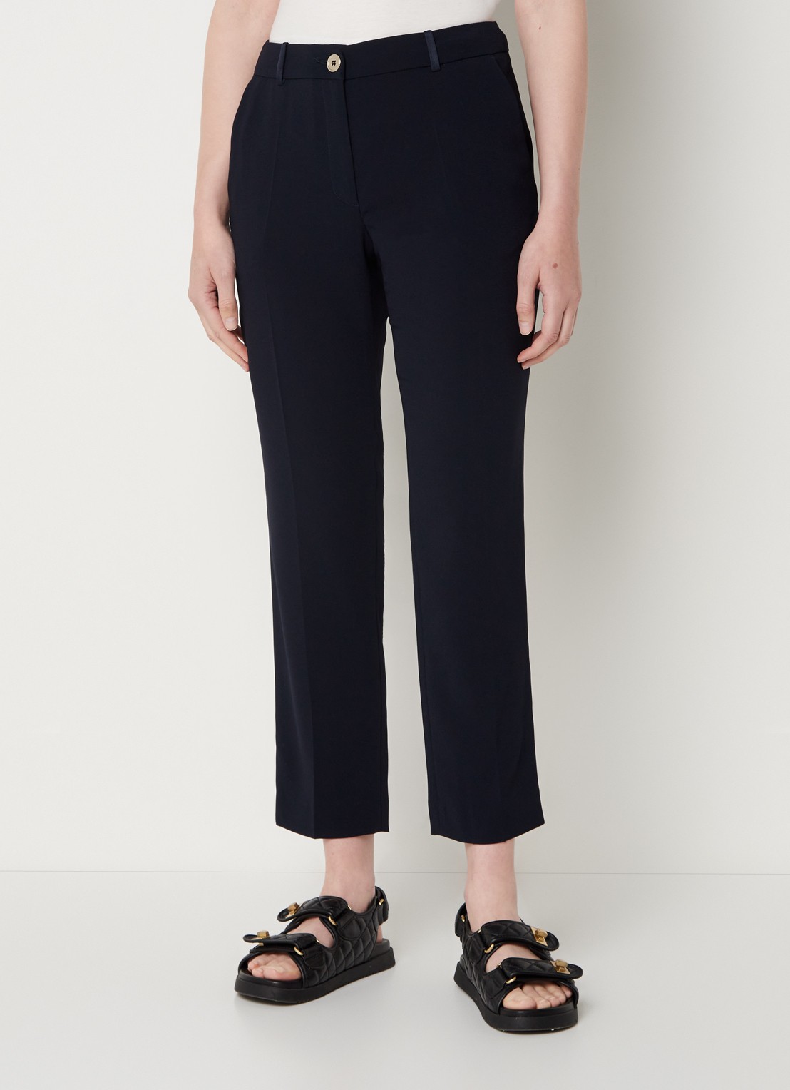 Claudie Pierlot Poupin high waist cropped slim fit pantalon met steekzakken  - detail donkerblauw
