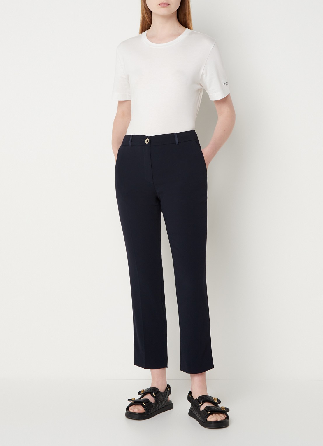 Claudie Pierlot Poupin high waist cropped slim fit pantalon met steekzakken  - voorkant 4 donkerblauw