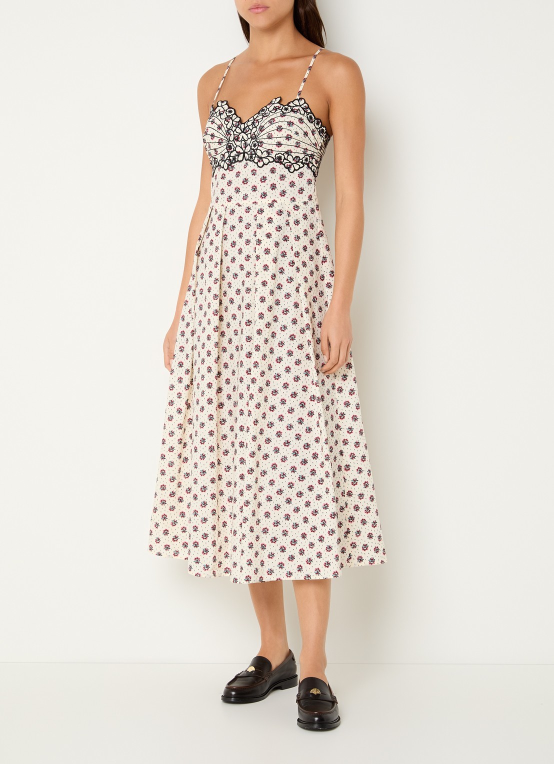 Claudie Pierlot Rachy midi jurk met bloemenprint en borduring - detail 3 gebroken wit