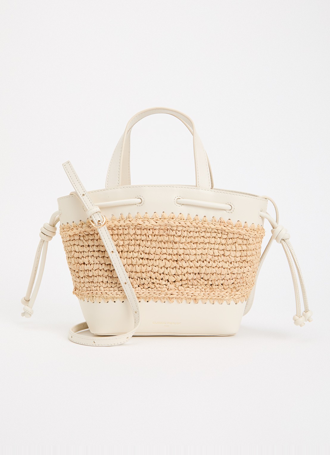 Claudie Pierlot Raffia handtas van stro met leren details  - voorkant 5 wit