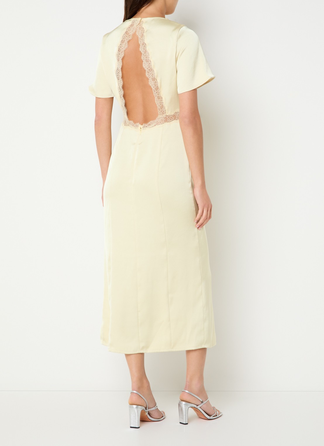 Claudie Pierlot Ramabis midi jurk van satijn met details van kant - voorkant 2 geel