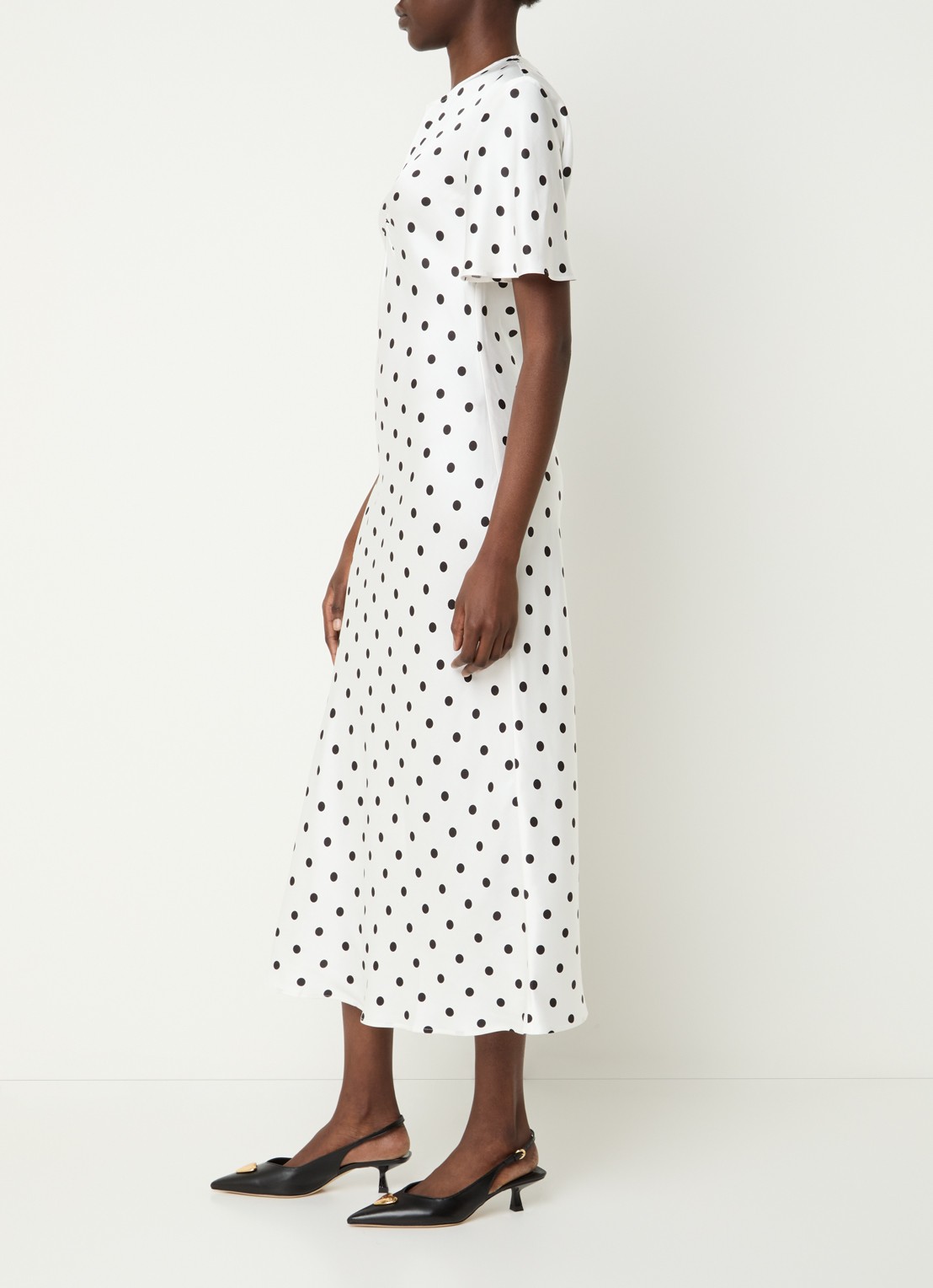 Claudie Pierlot Randypois midi jurk van satijn met stippenprint - voorkant 2 wit