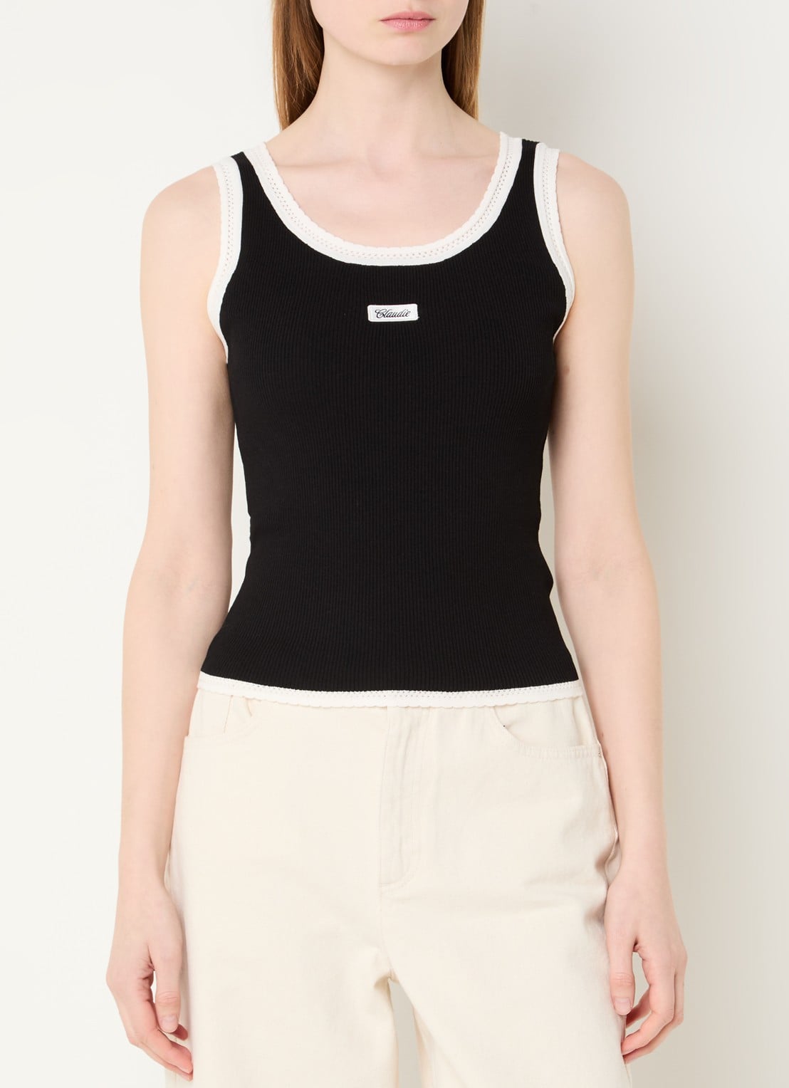 Claudie Pierlot Ribgebreide tanktop met logoborduring - detail zwart
