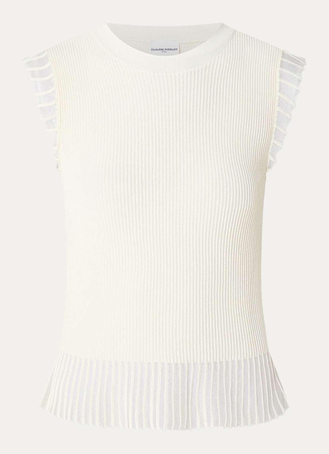 Claudie Pierlot Ribgebreide top met ronde hals - voorkant 2 gebroken wit