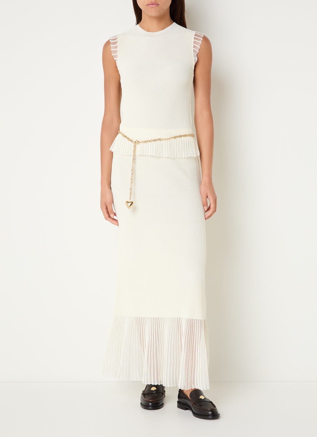 Claudie Pierlot Ribgebreide top met ronde hals - voorkant 3 gebroken wit