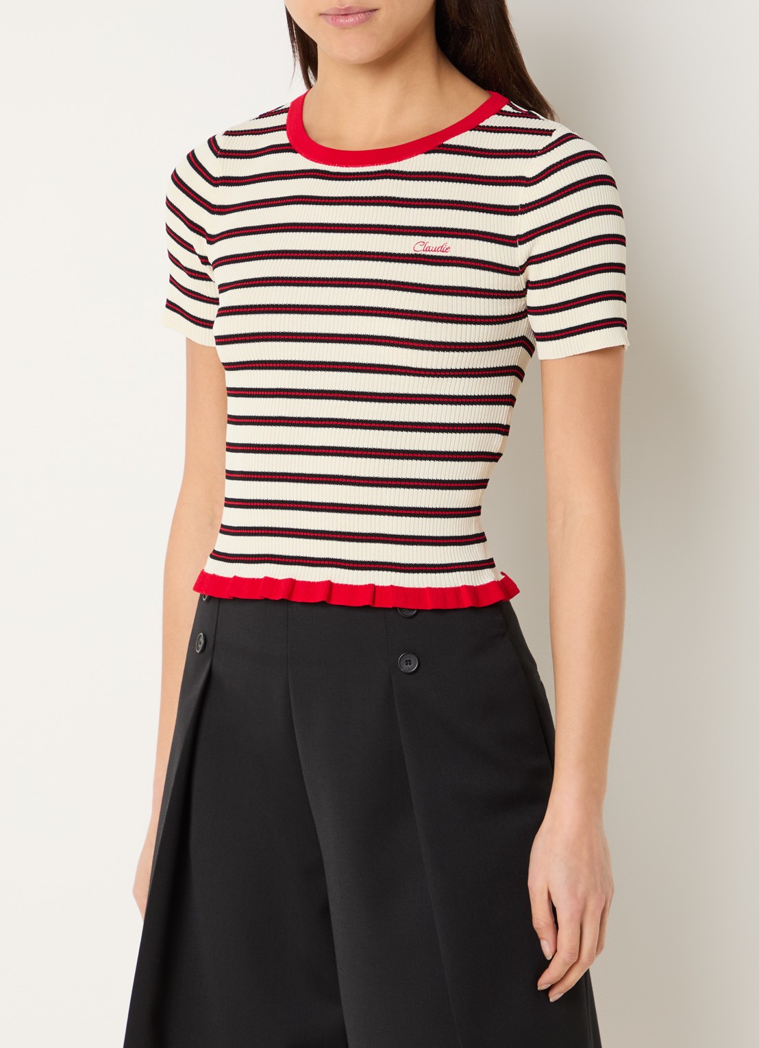 Claudie Pierlot Ribgebreide top met streepprint - detail 4 rood