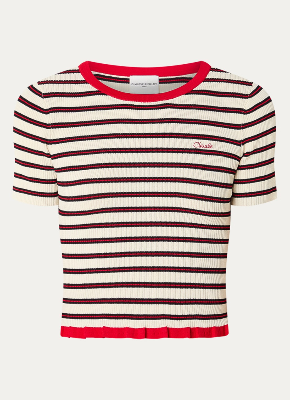 Claudie Pierlot Ribgebreide top met streepprint - voorkant 2 rood