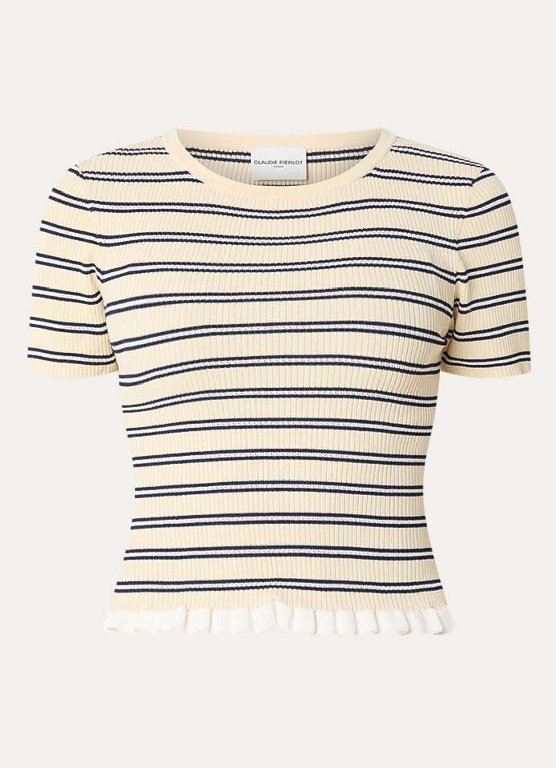 Claudie Pierlot Ribgebreide top met streepprint  - voorkant 2 creme