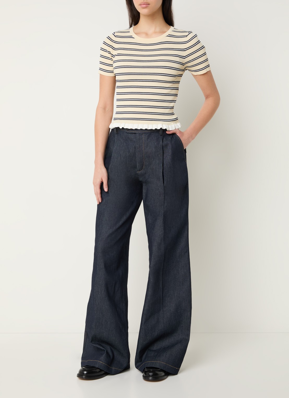 Claudie Pierlot Ribgebreide top met streepprint  - voorkant 3 creme
