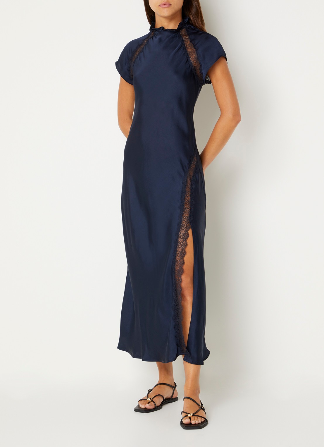 Claudie Pierlot Richie midi jurk van satijn met details van kant - detail 3 donkerblauw