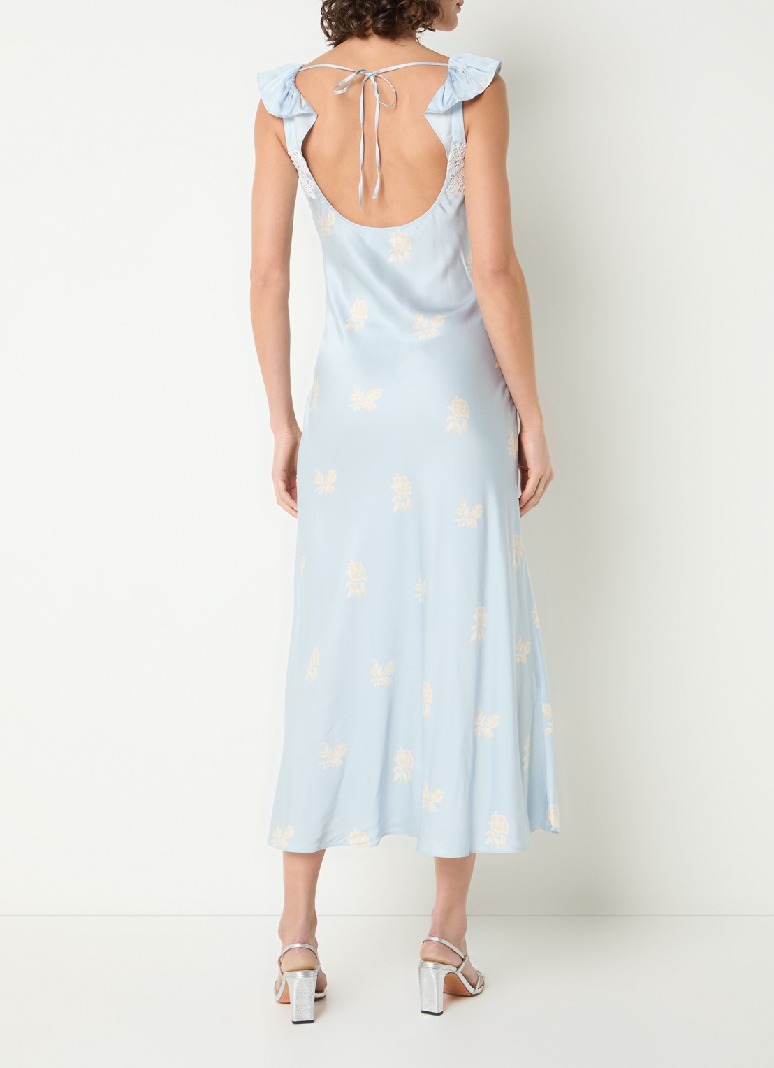 Claudie Pierlot Romance midi jurk van satijn met details van kant - achterkant lichtblauw