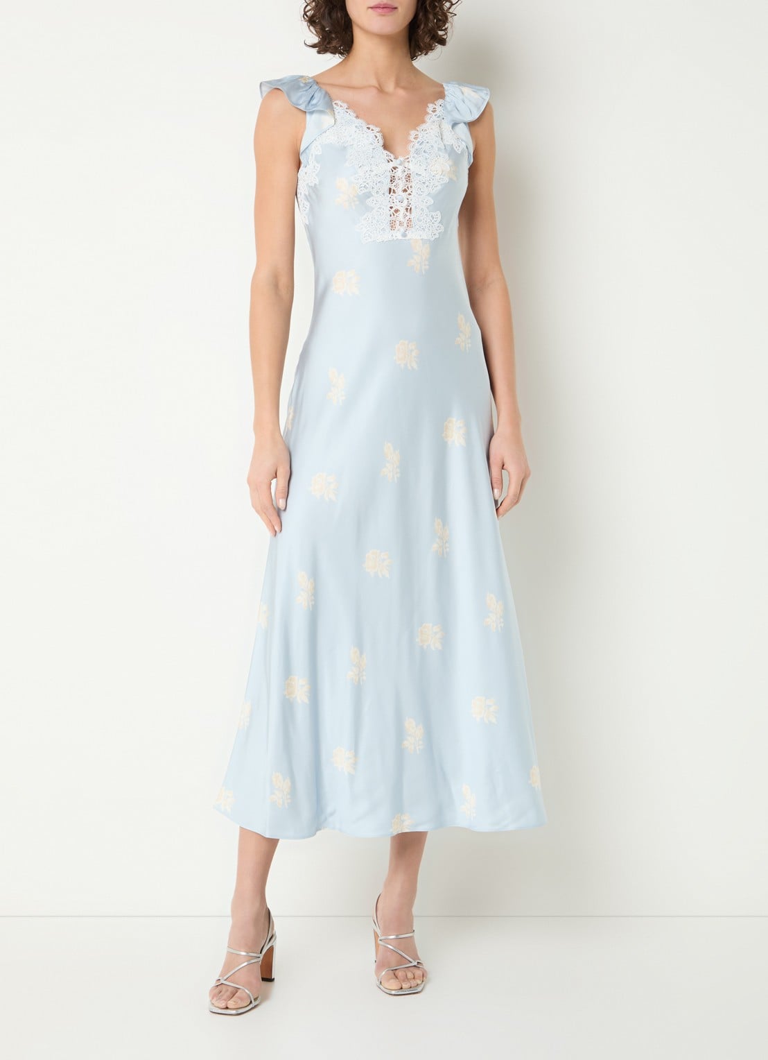 Claudie Pierlot Romance midi jurk van satijn met details van kant - detail 2 lichtblauw