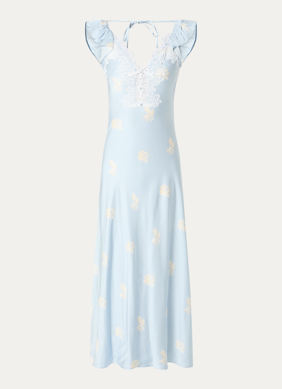 Claudie Pierlot Romance midi jurk van satijn met details van kant - voorkant 3 lichtblauw