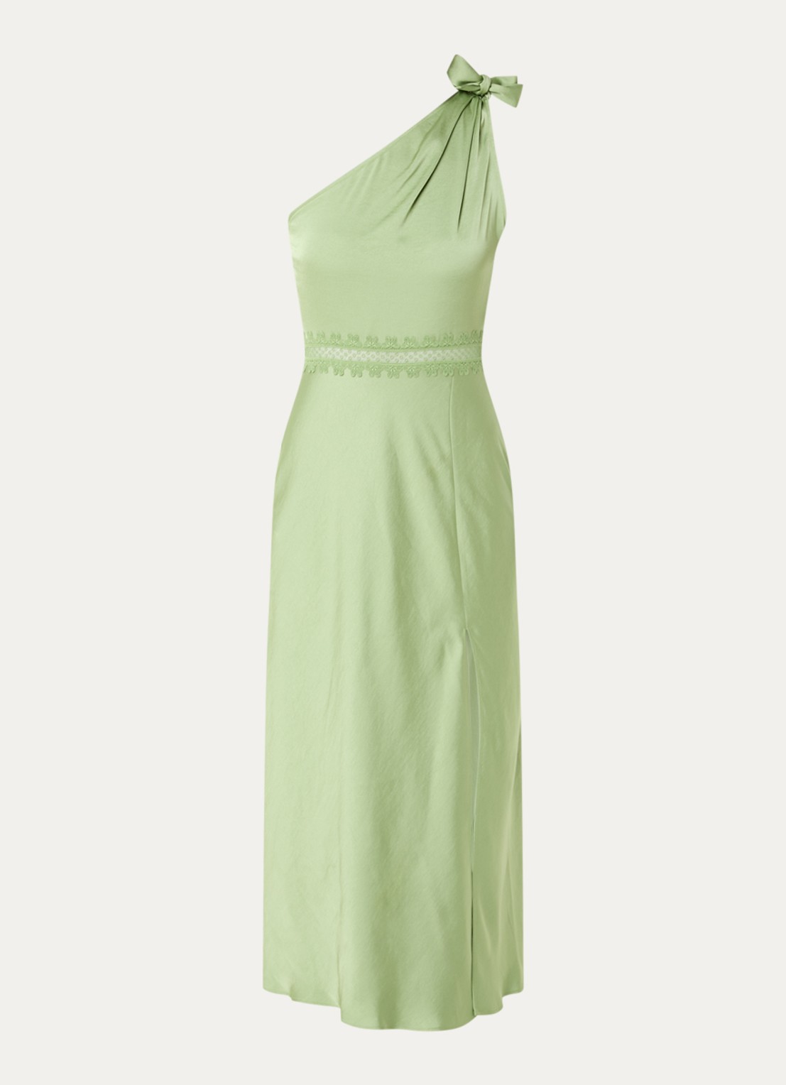 Claudie Pierlot Rosalia midi jurk met asymmetrische hals en details van kant - voorkant 3 groen